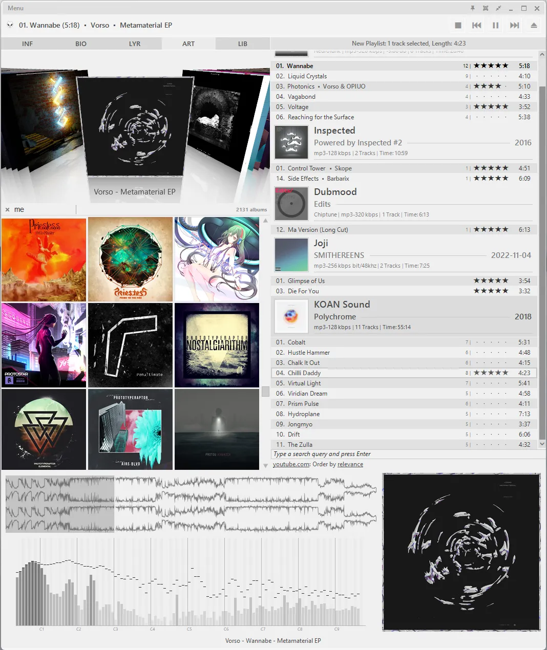 The AlphaRoX foobar2000 theme: the light counterpart to NekoRoX, with a white background, a cover art wall on the left, album-grouped tracks with star ratings, and a blue waveform and spectrum analyzer across the bottom.