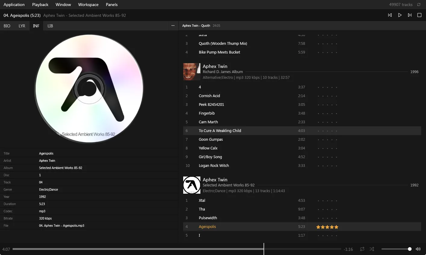 The CaTRoX workspace in rox: the foobar2000 skin recreated natively, with a circular CD render of the cover, a metadata field list down the left and album-grouped tracks with rating dots.