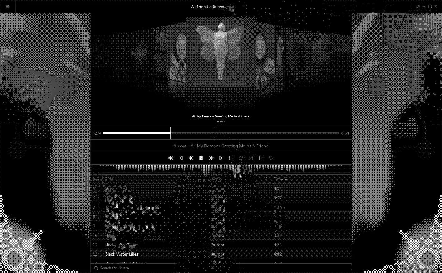 The Critters rox workspace: the entire window rendered in black-and-white ordered dither, with a curved shelf of album covers over a seek bar, transport row, waveform strip and track table, all sitting on a shifting field of noise.