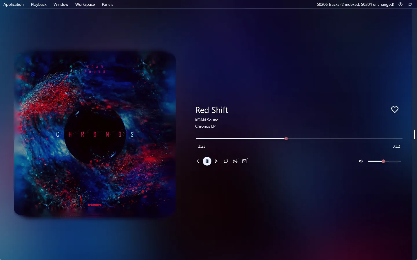 The Diffuse rox workspace: one large album cover filling the left of the window against a blurred gradient of the same art, with the track title, artist and album beside it over a thin seek line, a row of transport buttons and a volume slider.